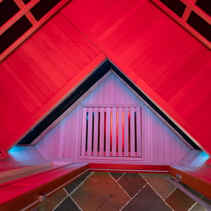 Woodbridge Infrared Sauna Room 2 Person Hemlock Wood Indoor Corner Sauna with 7 Carbon Heaters, Red Light Therapy,Bluetooth Speaker,Intelligent Dual Control System,Tempered Glass,Exterior Brim Light