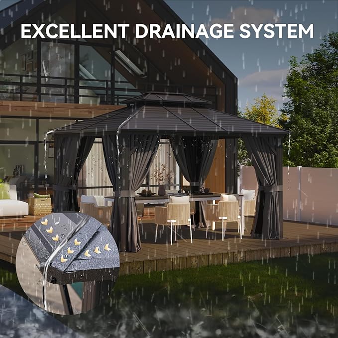 Aoxun 10'x 12' Hardtop Gazebo, Outdoor Dual-Layer Galvanized Steel Double Roof Aluminum Furniture Gazebo Canopy with Netting and Curtains for Deck Backyard Wedding Garden