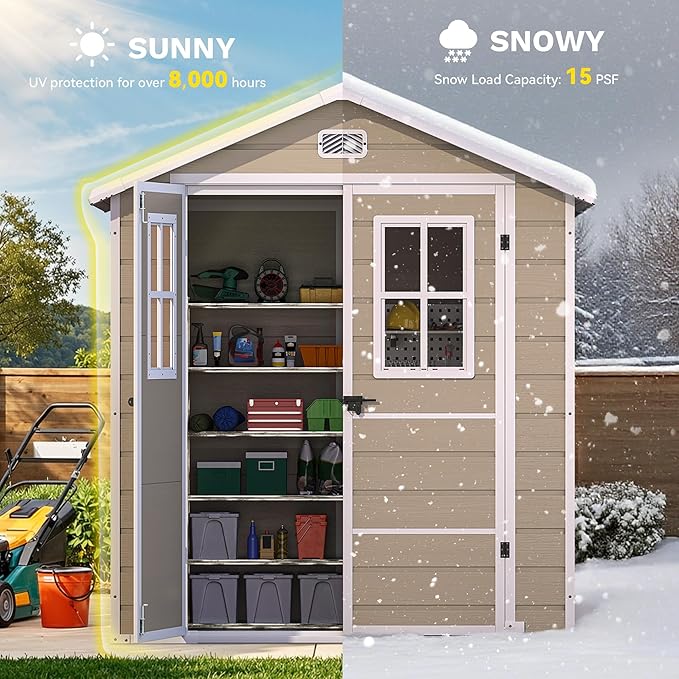 DWVO 6x4.4 FT Outdoor Storage Shed, Plastic Garden Tool Shed with 2 Windows, Double-Wall Outside Shed for Lawn Mower, Garden Tool for Backyard, Patio, Lawn, Lockable, Beige