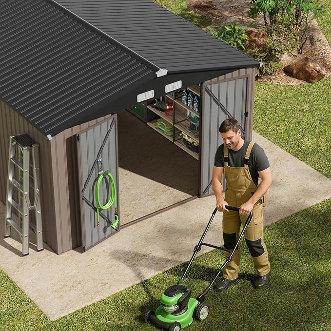 GVDV 10x14 FT Outdoor Metal Storage Shed, Durable Garden Shed with Updated Frame Structure for Backyard, Patio, Tool Storage, All-Weather Shelter for Bike, Gardening Tools, Lawn Mowers, Grey