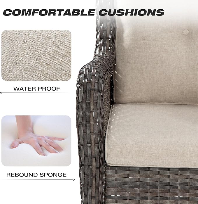 Joyside Wicker Patio Furniture Set 6 Piece Set with 1 Three-Seat Sofa, 2 Swivel Rocker Chairs, 2 Ottomans and 1 Side Table, Outdoor Furniture Patio Conversation Sets(Mixed Grey/Beige)