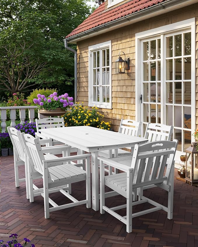 HDPE Outdoor Patio Dining Set with Table & 6 Chairs, All-Weather 7-Piece Outdoor Table and Chairs, 2" Umbrella Hole, Patio Furniture for Garden, Backyard, Deck | White