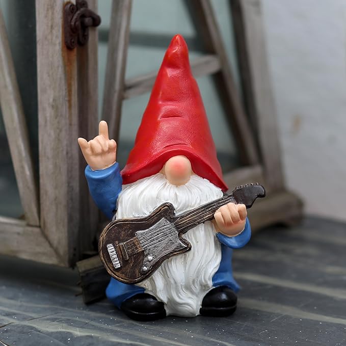 Garden Gnome with Guitar 7.1“ Figurine Ornament for Indoor Outdoor Home Patio Yard Lawn, Red Hat, Blue Outfit, Indoor Outdoor Decorative Statue