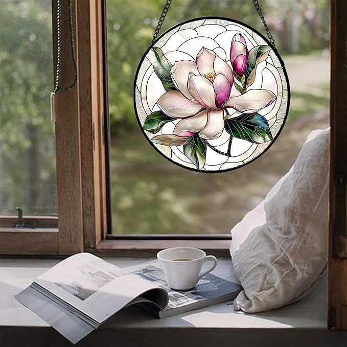 Stained Glass Window Hanging - Pink Magnolia Flower Petal Suncatcher for Doors Window Home Sun Catchers Decor Christmas Mother's Day Birthday Gifts for Teacher Women Men Mom Nana 14.9 in
