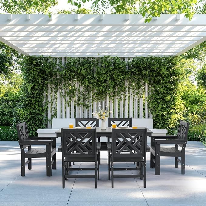 7 Piece HDPE Outdoor Dining Set for 6 Patio Dining Furniture Set with Umberlla Hole, Weather Resistent Outdoor Table and Chairs for Garden, Poolside, Backyard, Deck, Grey