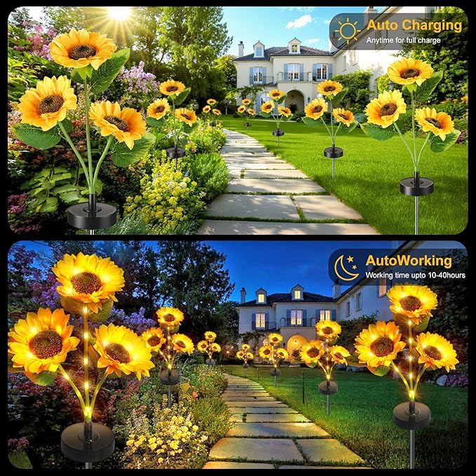 Solar Flowers Lights - Upgraded Outdoor Sunflowers Flowers Lights, Waterproof Outdoor Solar Lights for Garden, Patio, Backyard,Party and Office (Sunflowers, 2)