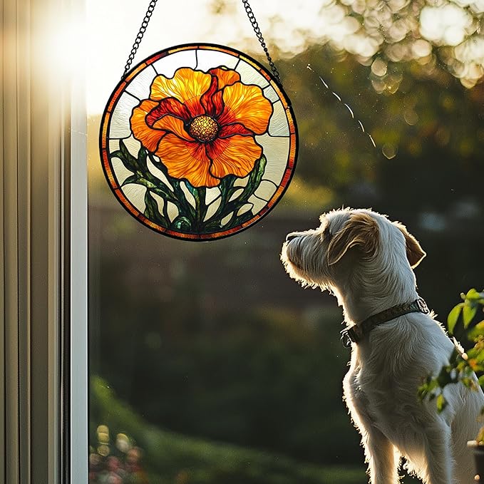 Stained Glass Window Hanging - Orange Poppy Birth Flower Suncatcher for Door Garden Yard Retro Sun Catchers Decor Christmas Mother's Day Birthday Gifts for Women Mom Nana Friend 6.3 in
