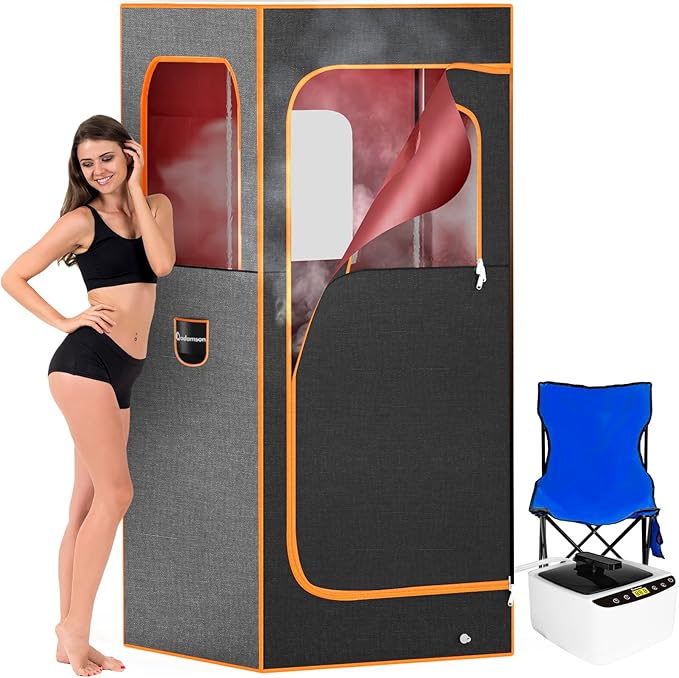 Adamson Full Size Portable Steam Sauna - Indoor Sauna Tent for Home Spa Relaxation + Boost Health and Recovery + 2.6L 1000W Steamer + Chair + Remote + Foot Massager - New - Nylon Orange