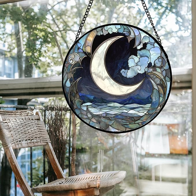 Stained Glass Window Hanging - Abstract Sea of Clouds Moon Sun Catcher for Door Terrace Garden Home Decor, Gray Blue Suncatcher Birthday Gifts for Lovers Women Men Dad Mom Nana 11.8 in