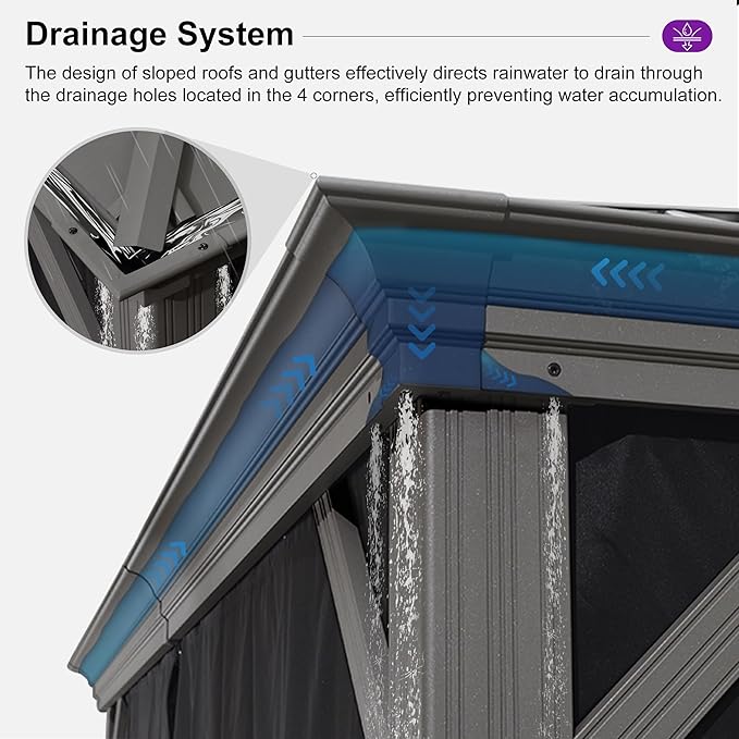 PURPLE LEAF 11' x 15' Permanent Hardtop Gazebo with Galvanized Steel Double Roof and Aluminum Frames Outdoor Large Pavilion Gazebo for Patio Deck Garden, Netting and Curtains Included, Light Grey
