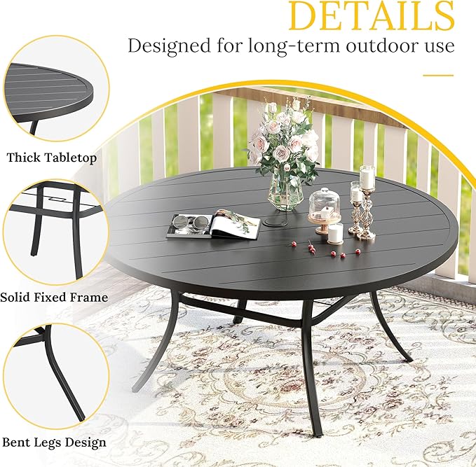 VICLLAX Patio Dining Set for 6, 7 Pieces Outdoor Furniture Includes 53" Round Patio Table with Umbrella Hole and 6 Outdoor Swivel Chairs for Lawn Garden, Black Tabletop and Blue Fabric