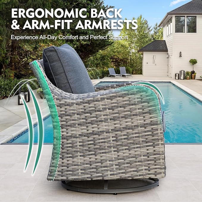 MEISSALIVVE 3 Pieces Patio Furniture Set, Outdoor Swivel Rocker with Washable Cushions & Tempered Glass Tabletop, Outdoor Rattan Conversation Set for Lawn Backyard Porch (Grey)