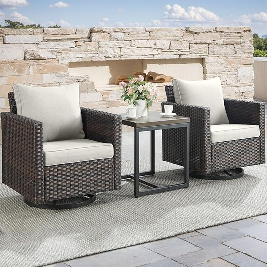 Rilyson Outdoor Patio Swivel Rocker Chairs - 3 Piece Wicker Patio Furniture Bistro Swivel Rocking Chairs Set with Comfortable Cushions,Sturdy Metal Frame and Side Table for Porch Deck(Brown/Beige)