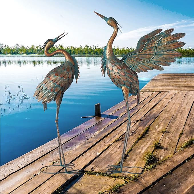 Metal Heron Yard Art, Standing Garden Sculptures & Statues for Outdoor Decor, 38-42 Inch Set of 2, Copper