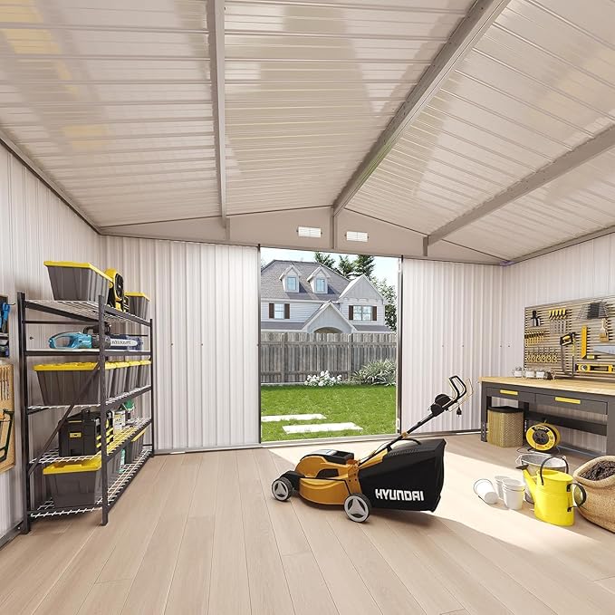 Aoxun 12x10 FT Shed Outdoor Storage Shed with Large Doors & Galvanized Steel, Large Shed Steel Utility Tool Shed Storage House with Door & Lock, for Patio Lawn Garden Sand, Brown