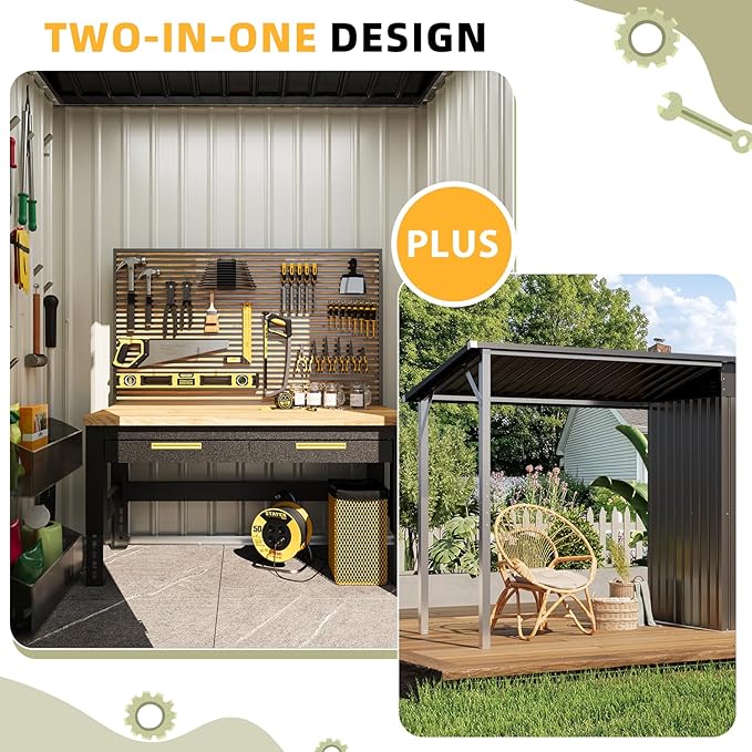AECOJOY 10x4 Outdoor Open-Sided Storage Shed, 5x3 FT Sheds & Outdoor Storage Clearance with 5x3 Covered Porch, 30 Sq.Ft Covered, 2-in-1 Metal Small Shed with Attached Hardtop Metal Pergola Gazebo