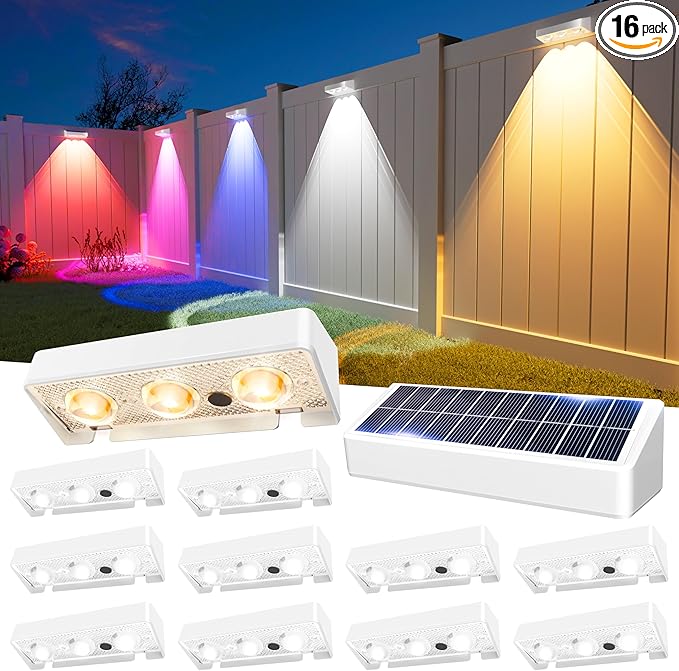 Solar Fence Lights Outdoor, 9 Fixed Colors ＆ Color Changing Fence Lights Solar Powered Waterproof IP65 Dusk-to-Dawn LED Deck Lighting for Patio, Railing, Pool, Porch, Backyard, Wall, 12 Pack