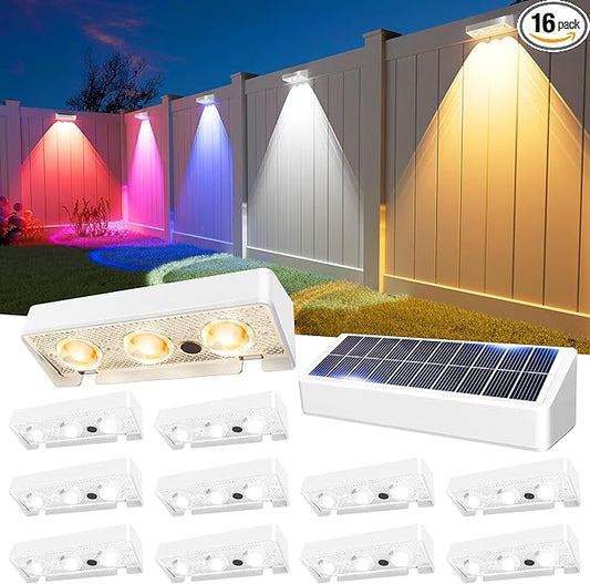 Solar Fence Lights Outdoor, 9 Fixed Colors ＆ Color Changing Fence Lights Solar Powered Waterproof IP65 Dusk-to-Dawn LED Deck Lighting for Patio, Railing, Pool, Porch, Backyard, Wall, 12 Pack
