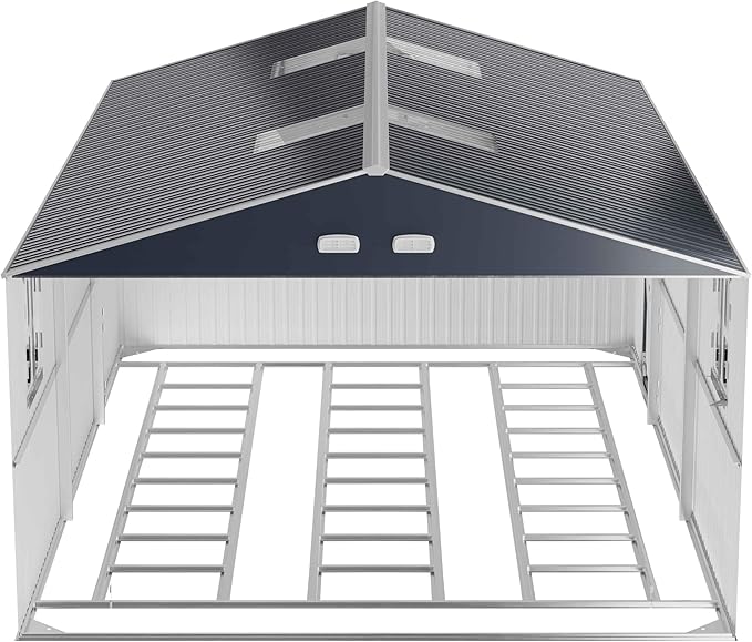 Metal Garage Shed for Car with Floor Kit, 13x20x8.5' Large Outdoor Storage Building and Workshop, Weatherproof Steel Carport with Ultra-Reinforced Truss System, Skylights & Dual-Entry