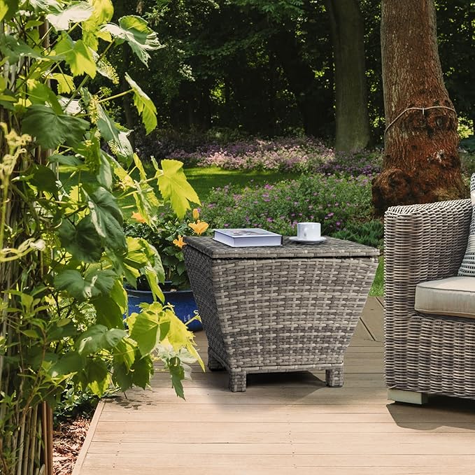 Outvita Outdoor Side Table, Rattan Coffee Table with Storage 13 Gallon Patio Small Deck Storage Box for Cushion Towel Books, Brown Side Table with lid