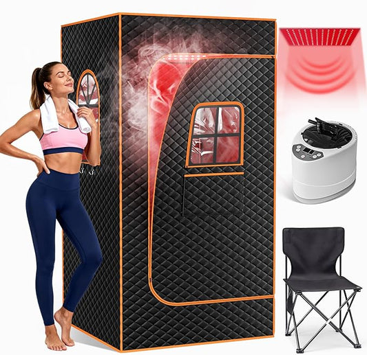 NAIZEA Infrared Sauna Box, Portable Steam Sauna with Red Light Therapy Lamp, Full Body Saunas Tent for Home with 3L 1200W Steamer, Remote Control, Folding Chair, 2.9'x2.9'x5.9'