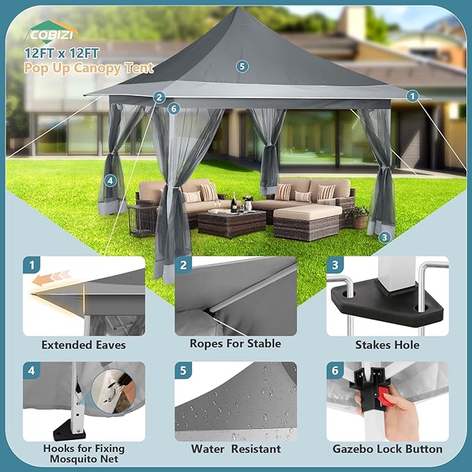 COBIZI 12x12 Pop Up Gazebo On Clearance Canopy Tent Easy Up Outdoor Gazebo Waterproof Upgrade with Mosquito Nettings and Carry Bag for Patio Garden Lawn