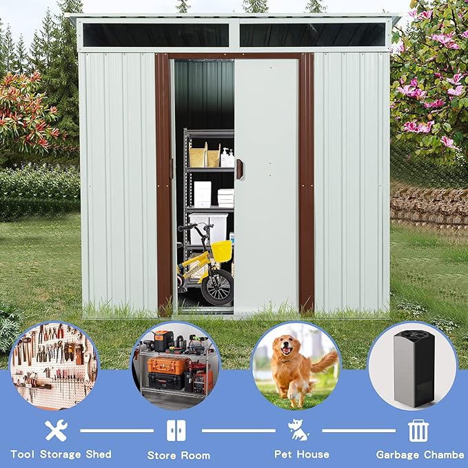 Favfurish 6×5 FT Outdoor Galvanized Metal Storage Shed Large Garden Sheds W/Sliding Doors and Padlock,Rust and Waterproof,with Window and Punched Vents,Tool-Sheds for Backyard,Lawn,White