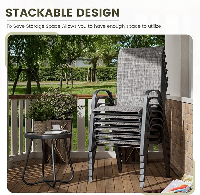 UDPATIO Patio Dining Set of 7, Outdoor Table and Chairs Set with Square Metal Table, 6 Stackable Patio Chairs with High Back, Outdoor Furniture for Deck Garden Backyard Lawn Poolside (Light Grey)