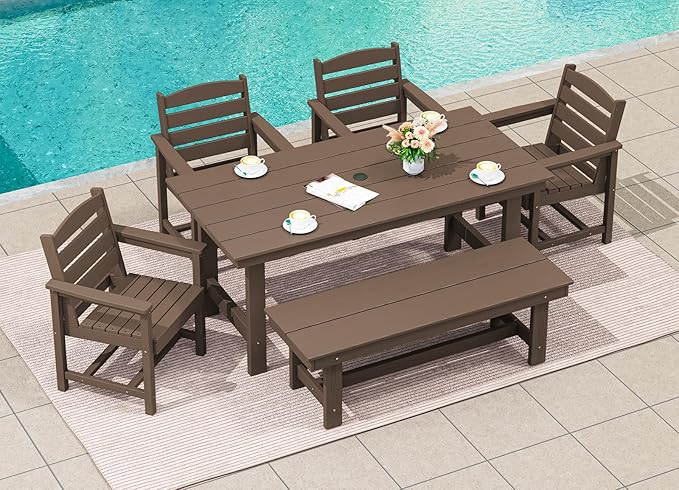 SERWALL Outdoor Dining Set for 6, HDPE Furniture Set with Umbrella Hole, All Weather Bench & Chairs, Coffee Table