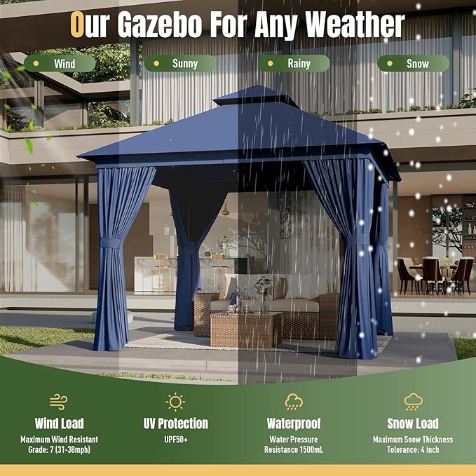 AOXUN Outdoor Gazebo for Patio 10x10, Metal Frame Canopy with Double Roofs, Heavy Duty Party Tent and Shelter with Mosquito Netting and Privacy Screen for Backyard, Lawn, Garden, Deck (Navy)