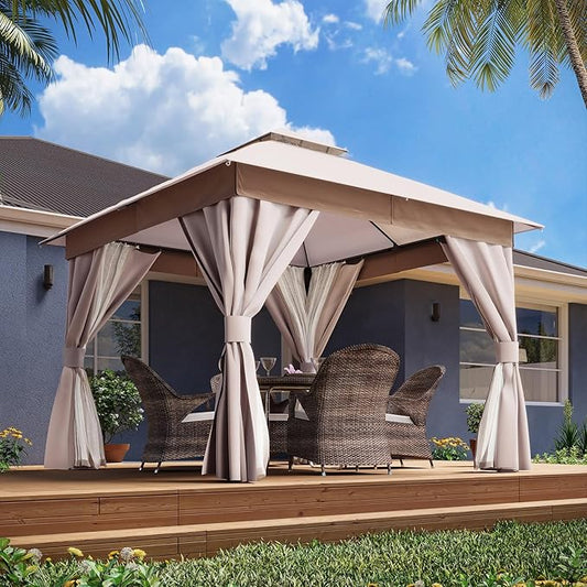 LAUSAINT HOME Outdoor Patio Gazebo 10'x10' with Expansion Bolts, Heavy Duty Party Tent & Shelter with Double Roofs, Mosquito Nettings and Privacy Screens for Backyard, Garden, Lawn, Khaki
