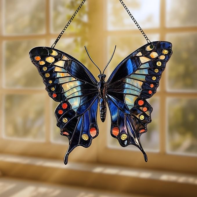 Midnight Butterfly Acrylic Suncatcher Stained Glass Effect Window Car Hanging Christmas Ornament Indoor Outdoor Decor Garden Sun Catcher Panel for Butterfly Lover for Women Mom Grandma