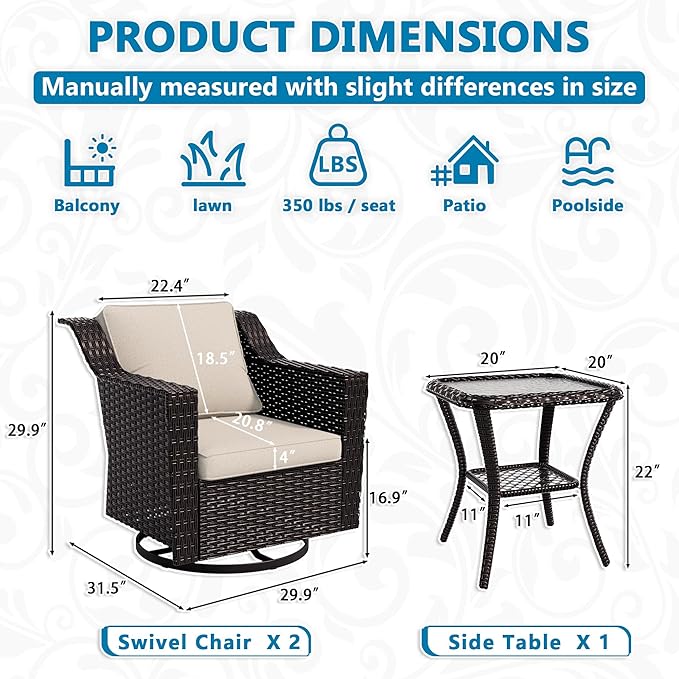 Vista Vibe 3 Pieces Outdoor Patio Conversation Furniture Set - 360 Degree Swivel Glider Rocker Chairs | Wicker End Table, Washable Cushions, Hand-Woven PE Rattan, Lawn, Sunroom (Brown/Beige)