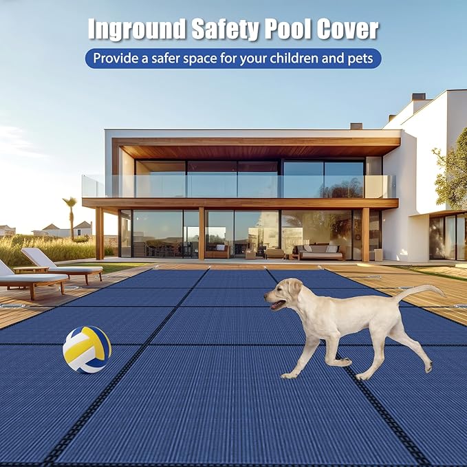 Inground Pool Cover Safety Fits Rectangle Swimming Pool, Mesh Solid Pool Cover for Inground Pools,Winter Pool Safety Cover Includes Safety Net and Installation Tools Blue (Blue, Fits 12x20ft Pools)