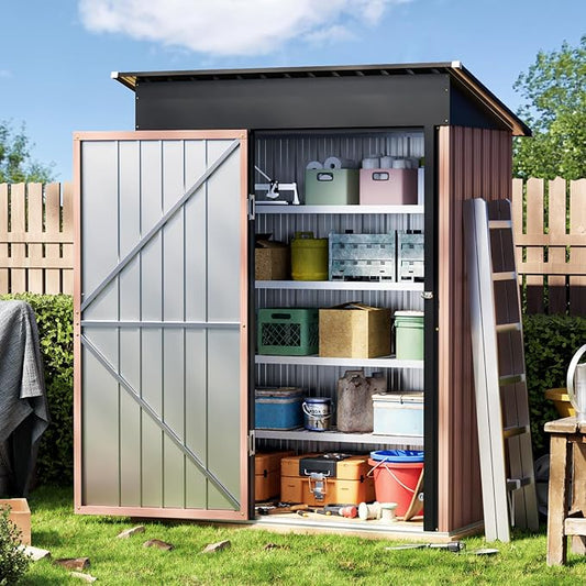 5X3X6.1FT Garden Storage Shed with Lockable Door,Steel Tool Shed with Sloping Roof,Anti-Corrosion Metal Shed for Backyard Patio Lawn (Light Wood Grain)