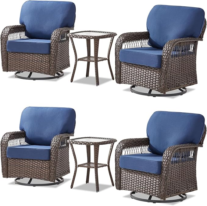 Patio Furniture Sets, 6 Pieces Wicker Outdoor Furniture with Patio Sidetables - 360 Degree Swivel Rocking Chairs and Rattan Side Table for Garden, Porch, Backyard, Blue/Brown Wicker