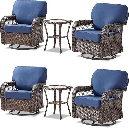 Patio Furniture Sets, 6 Pieces Wicker Outdoor Furniture with Patio Sidetables - 360 Degree Swivel Rocking Chairs and Rattan Side Table for Garden, Porch, Backyard, Blue/Brown Wicker
