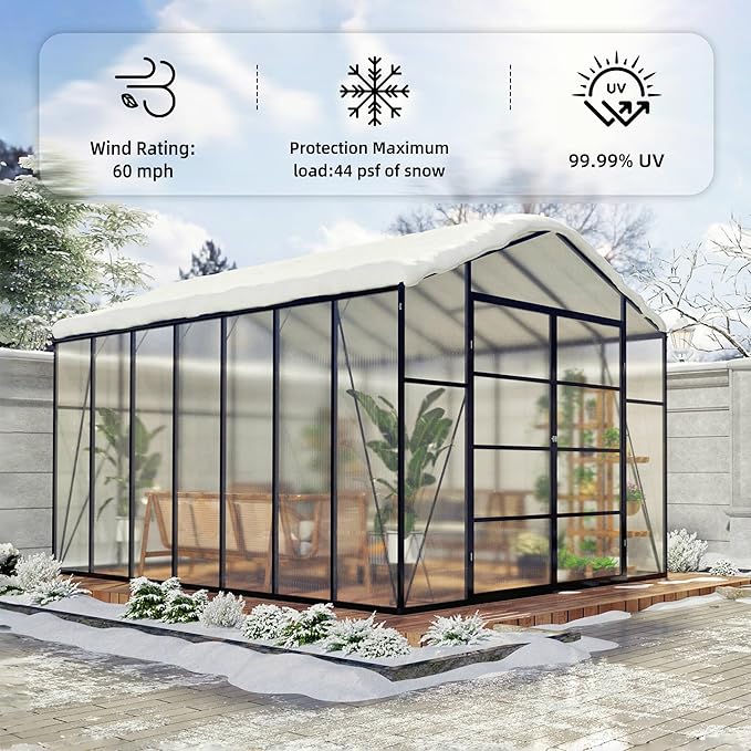 10 * 14 * 8.7FT Greenhouse for Outdoors,Polycarbonate Greenhouse with Stronger Wind Protection and Roof Vent,Walk-in Large Aluminum Sunroom Winter Proof,Black