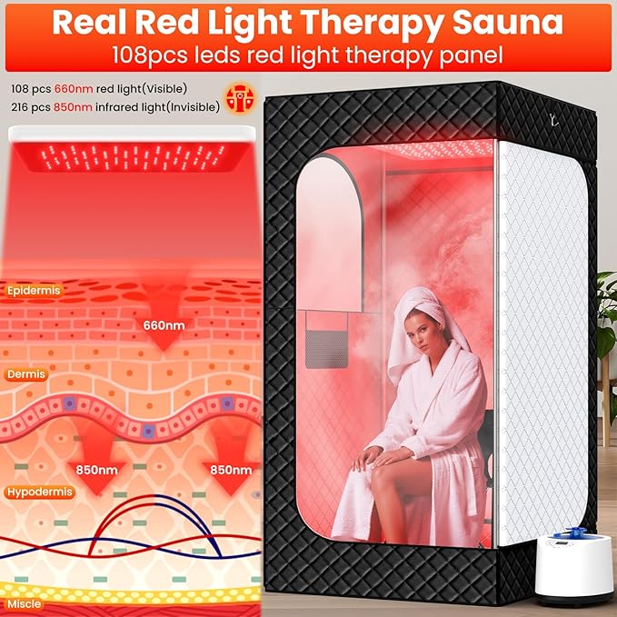 Portable Infrared Sauna Box for Home, Full Body Steam Sauna Tent with 660nm & 850nm Red Light Therapy Lamp, 3L 1200W Fast-Heating Steamer, Adjustable Temp & Remote Control for Relaxation, Detox