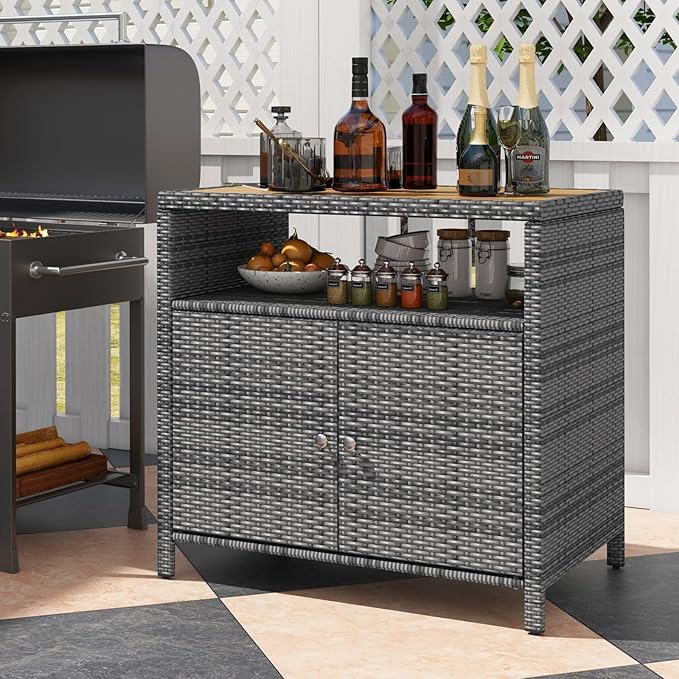 RELAX4LIFE Wicker Outdoor Bar Cabinet - PE Rattan Patio Bar Table w/Acacia Wood Countertop, Open Shelf & 2 Doors, Buffet Sideboard Organizer for Garden Backyard Pool, Outside Storage Cabinet (Grey)