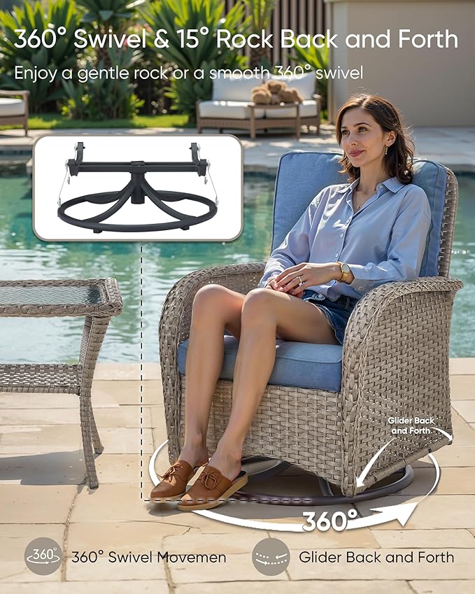 HUMMUH 7 Pieces Outdoor Furniture Set-All Weather Wicker Rattan Couch with Outdoor Rocking Chair Patio Furniture for Deck Lawn Porch Balcony Poolside-Grey/Blue