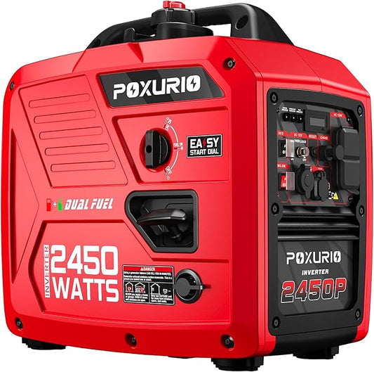 2450-Watt Dual Fuel Inverter Generator for Home Use, 1.6Gallon Large Fuel Tank Up to 8.3 Hours Use, 120V Gas Powered Generator Super Quiet - EPA Compliant, Red
