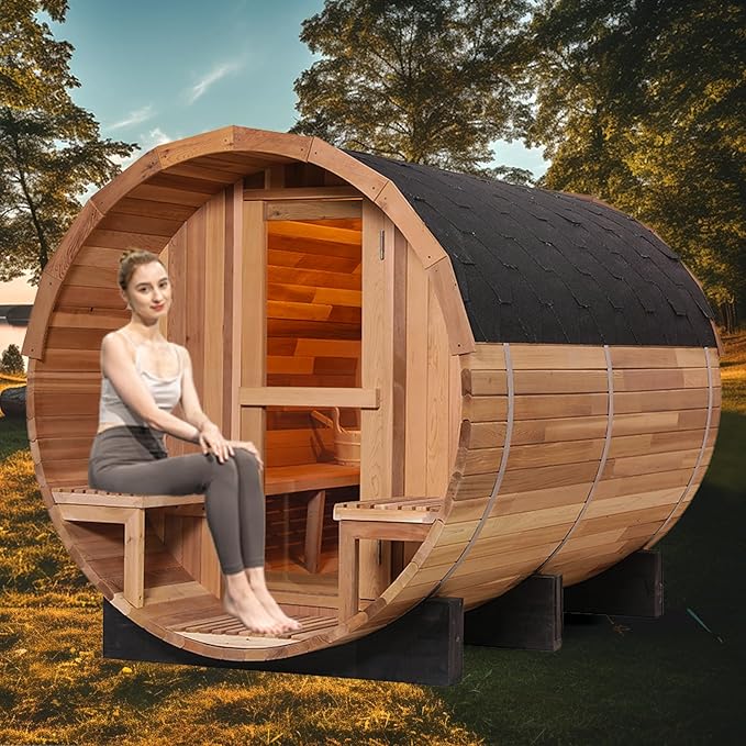 Outdoor Barrel Sauna, 6 Person Wood Steam Sauna Room with Porch, 6kw Toule Electric Heater with Sauna Stone, Canadian Red Ceder, Sauna Accessories, Roof, 94.48”*70.86“*70.86“ (Red Ceder)