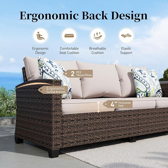 Patio Furniture Set Outdoor Furniture Brown Wicker Rattan Patio Conversation Sets with Cushion Outside Sofa Set,5 Pieces with Firepit Table,7 Seats,Beige
