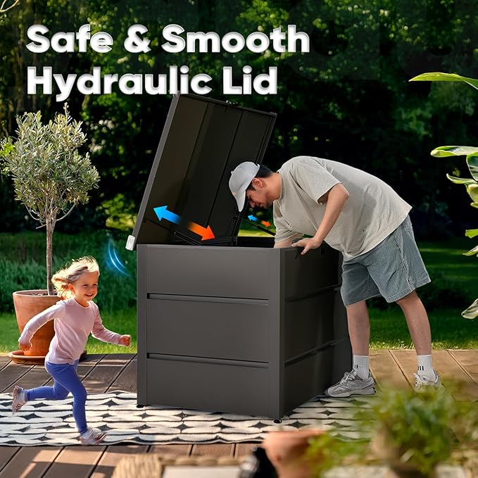 Quictent Deck Box Outdoor 150 Gallon, Easy Assemble Metal Storage Box,Lockable Waterproof Storage Cabinet for Patio Furniture Cushions, Throw Pillows, Garden Tools and Pool Toy,Gray