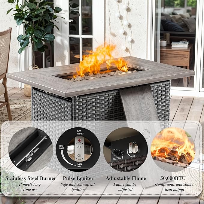 HUMMUH 5-Piece Patio Furniture Set with Fire Pit Table Wicker Outdoor Swivel Rocker Patio Chairs High Back Loveseat Conversation Set for Porch, Backyard, Deck