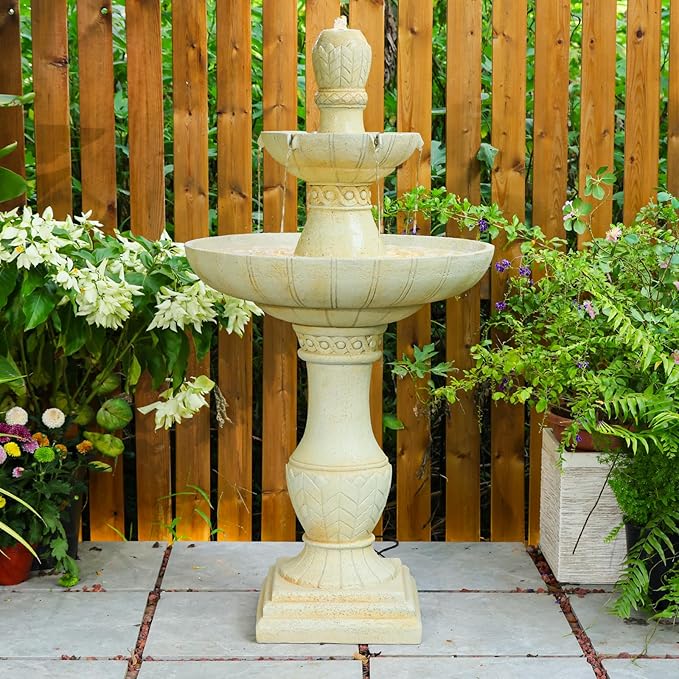 3-Tier Outdoor Water Fountain with LED Lights, 45.5" Italian Resin Garden Fountain for Patio, Yard, and Porch – Weather-Resistant Cascading Waterfall Feature with Quiet Pump, Elegant Backyard Décor