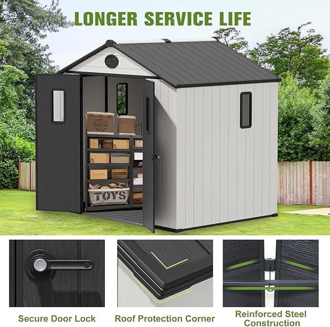 COOS BAY 8x6 Outdoor Resin Storage Shed with Floor, 2 Lockable Doors, All-Weather Durable Garden Shed for Tools & Equipment, White/Gray