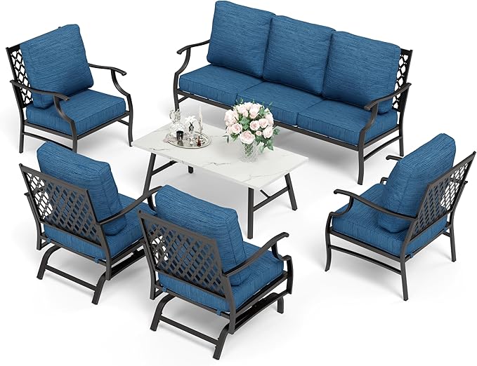 HERA'S HOUSE 6 Piece Patio Furniture Set, 2 x Rocking Chair, 2 x Fixed Chair, 1 x 3-Seat Sofa with Marbling Coffee Table, 7 Seats Outdoor Conversation Set for Lawn Garden Backyard, Pacific Blue