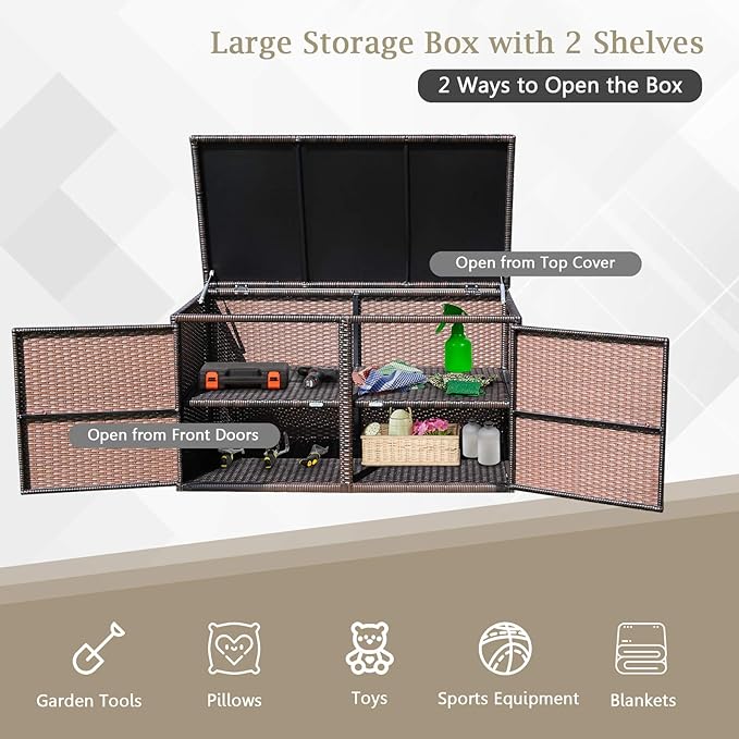 Tangkula Outdoor Wicker Storage Box, Garden Deck Bin with Steel Frame, Rattan Storage Box with Lid, Ideal for Storing Tools, Accessories, 88 Gallon Capacity (Brown)